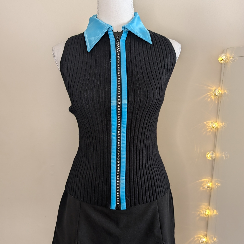 Belldini Black and Blue Ribbed Zip-Up Top